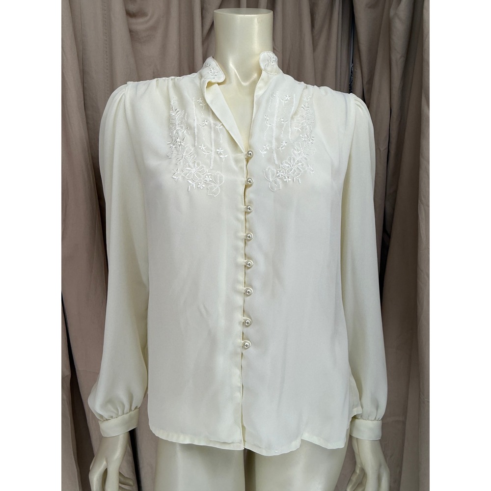 Vintage Notations Ivory Sheer Embroidered Blouse Pearl-Like Buttons Size 12